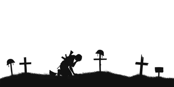 在战争墓地哭泣的士兵 战斗场景的黑色轮廓 全景与战士坟墓 十字架和墓碑 纪念日的背景 矢量说明 — 图库矢量图片#