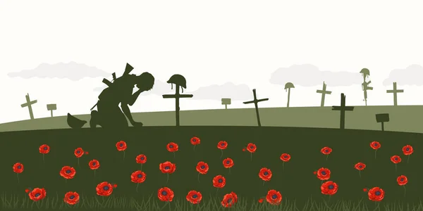 在战争墓地哭泣的士兵 战斗场景的轮廓 墓地背景上的战士坟墓 十字架和墓碑 纪念日海报 矢量说明 — 图库矢量图片#