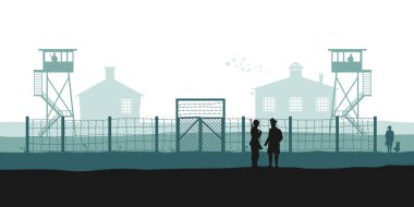 POW camp black silhouette. German war prison background. WW2 military landscape.1940s germanic soldiers. Historical scene. Watchtower and guards. Vector illustration