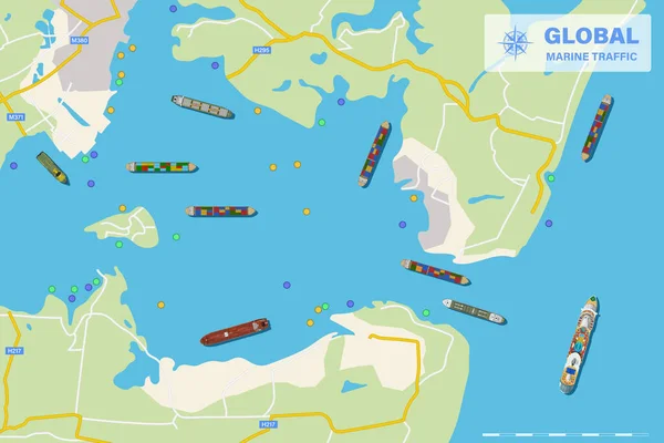 Global Marine Traffic Top View Cargo Ships Navigation Live Map — Stockvector