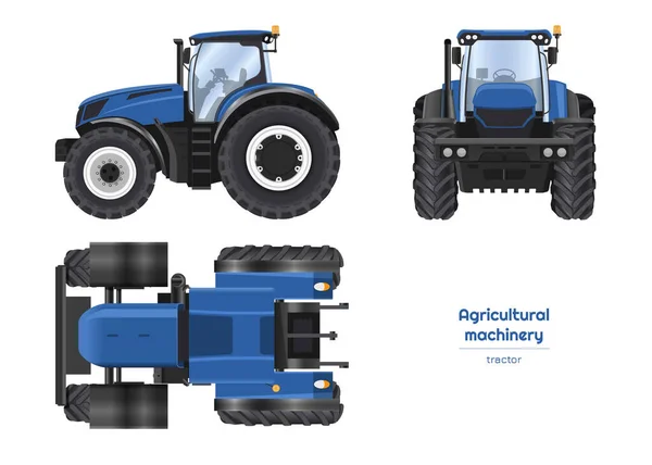 蓝色拖拉机绘图 孤立的农业机械 农民车辆的顶部 侧面和正面视图 3D工业蓝图 矢量说明 — 图库矢量图片#