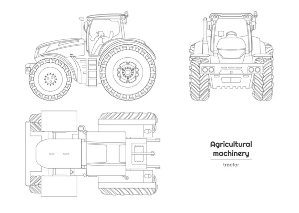Obrys Kresby Traktoru Izolovaný Zemědělský Stroj Horní Boční Přední Pohledy — Stockový vektor