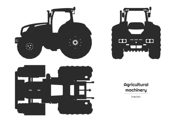 Black Farmer Tractor Silhouette Isolated Agricultural Machine Top Side Front — Stock Vector
