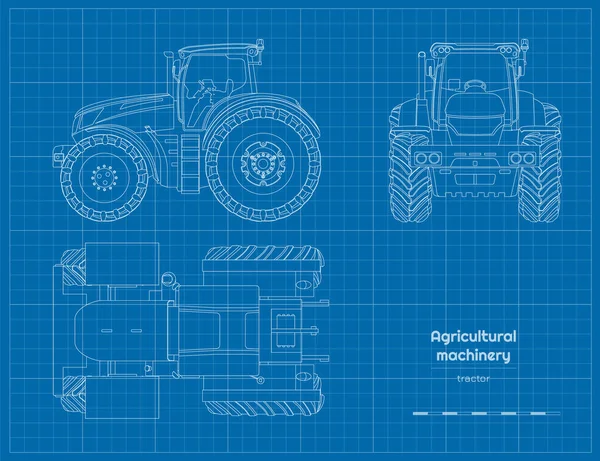 农民牵引机草图 农业机械 农民车辆的顶部 侧面和正面视图 工业蓝图 矢量说明 — 图库矢量图片