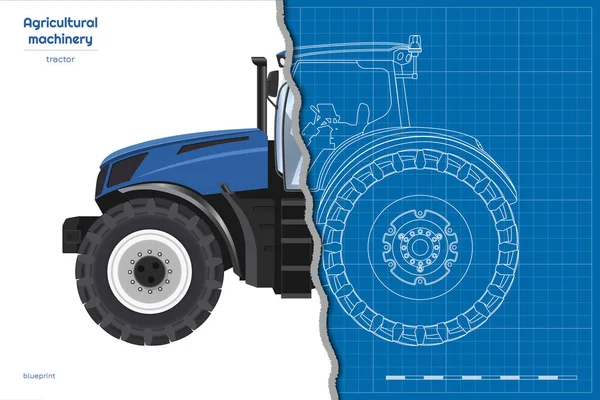 蓝色拖拉机绘图 孤立的农业机械 农民车辆的顶部 侧面和正面视图 3D工业蓝图 矢量说明 — 图库矢量图片