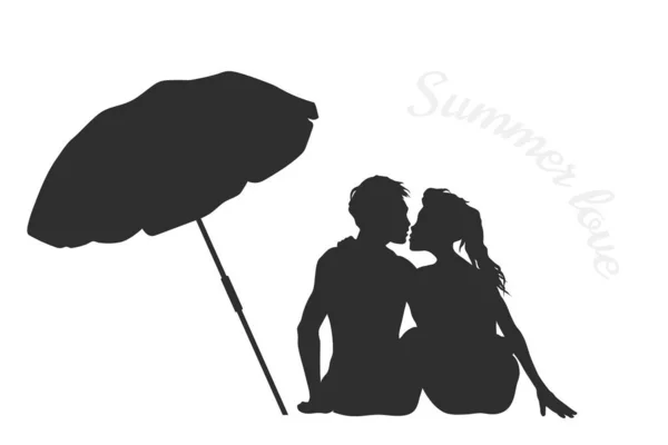 Küssendes Paar Strand Schwarze Silhouette Romantisches Date Unter Einem Regenschirm — Stockvektor