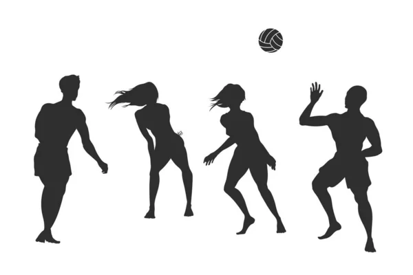 Силует Пляжного Волейболу Молоді Люди Грають Піску Літня Гра Відкритому — стоковий вектор