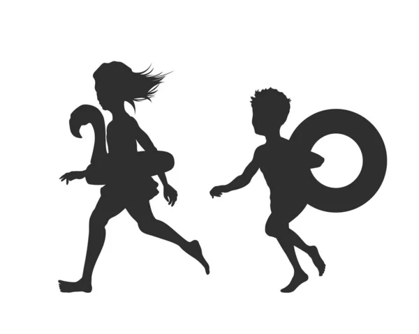 Дети Бегают Пляжу Черный Силуэт Детей Надувными Игрушками Счастливой Детской — стоковый вектор