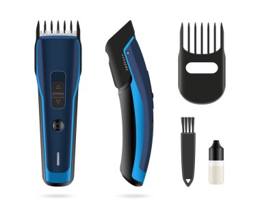 İzole edilmiş saç makası. 3D mavi budayıcı. Aksesuarlı berber aleti. Elektrikli saç kesim makinesi. Kuaför enstrümanı yan tarafta, üst tarafta. Vektör illüstrasyonu