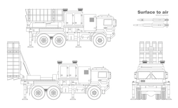 Garis Besar Gambar Sistem Rudal Pertahanan Udara Permukaan Roket Udara - Stok Vektor