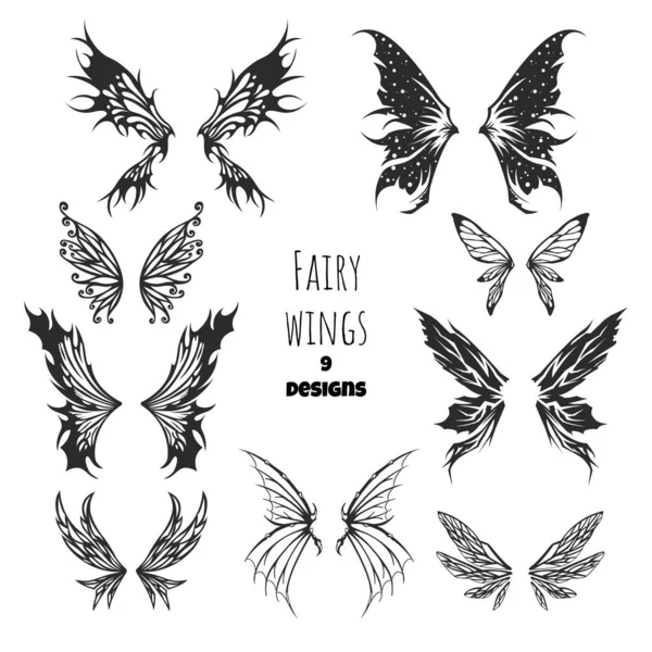 仙女翅膀纹身系列 关于精灵艺术的孤立的轮廓 幻想图标 神秘的蝴蝶模板神奇的设计矢量说明 — 图库矢量图片#