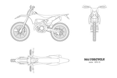 Çapraz motorsikletle izole edilmiş. Çizgili motosiklet sanatı. Ön, yan, motokros bisikletinin üst görüntüsü. Aşırı bisiklet endüstriyel çekiciliği. Motorsporu araç planı. Vektör illüstrasyonu