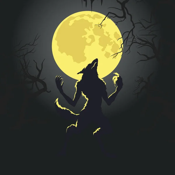 狼人在满月背景下的轮廓 万圣节怪物横幅 黑暗森林中可怕的野兽的黑色形状 矢量说明 — 图库矢量图片