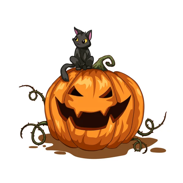 Gato Gracioso Calabaza Halloween Gatito Dibujos Animados Aislado Arte Calabaza — Vector de stock