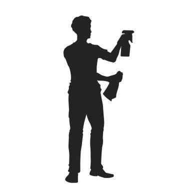 Adam evi temizliyor. Temizlikçi çocukla izole edilmiş siluet. Ev işi sahnesi. Sprey ve havlusu olan koca. Temizlik servisi. Vektör illüstrasyonu