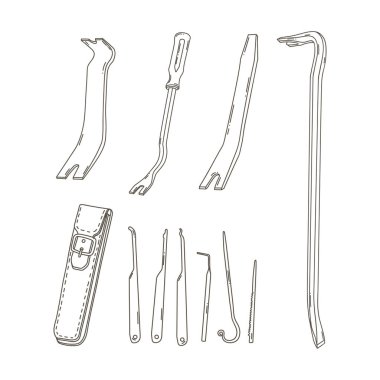 Taslak hırsız aletleri. İzole hırsız jimmileri kiti. Suç aleti kilidi açıldı. Haydut teçhizatı simgeleri. Vektör illüstrasyonu