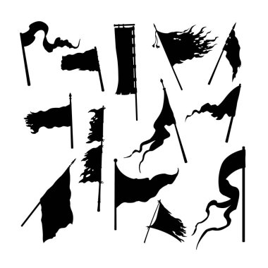 Ortaçağ siyah siluetleri. Savaş afişlerinin izole şablonları. Zafer sembolü. Ordu arması amblemi. Vektör illüstrasyonu