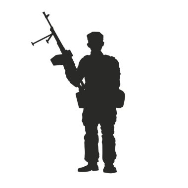 Makineli tüfekli bir asker silueti. Silahlı bir topçunun siyah çizimi. Özel kuvvetlerin usta portresi. Vektör illüstrasyonu