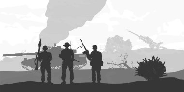 Savaş alanı sahnesi. Asker birliği silueti. Savaşçılar, tank ve topçu birlikleriyle savaş manzarası. Asker arkadaşlarının portresi. Vektör illüstrasyonu