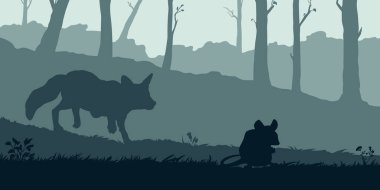 Vahşi yaşam orman manzarası. Tilki avcısı fare. Hayvan siluetleri olan doğal bir kart. Yatay açık hava baskısı. Arkaplan afişi. Şekil grafiği. Vektör illüstrasyonu