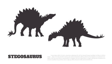 Dinozor silueti izole edilmiş. Stegosaurus 'un kara çizimi. Jurasik dönemin vahşi hayvanı. Antik bir sürüngenin basılı görüntüsü. Tarih öncesi canavar ikonu. Vektör illüstrasyonu