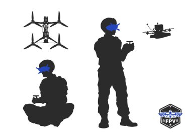 Asker bir FPV 'yi kontrol ediyor. Modern kablosuz bombacının siyah silueti. Askeri hava silah operatörü. Taktik uçak bölümünün izole çizimi. Vektör illüstrasyonu