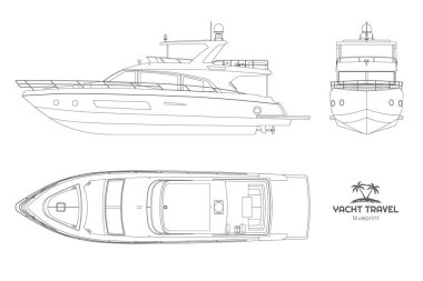 İzole edilmiş bir yat çizimi. Özel geminin yan, ön ve üst görüntüsü. Modern tekne hatları çizimi. Motorlu tekne serisi sanatı. Vektör illüstrasyonu