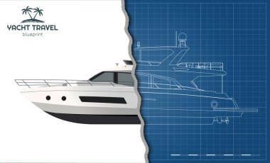 Ana hatlı yat çizimi. Özel geminin yan görüntüsü. Modern tekne hatları çizimi. Motorlu tekne serisi sanatı. Yelkenli 3D model. Kontrat belgesi. Vektör illüstrasyonu