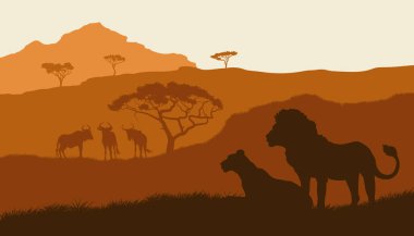 Afrika doğa manzarası. Aslan ve antilop silueti. Orange Savannah geçmişi. Sarı tepelerdeki vahşi yaşam sahnesi. Afrika 'nın posteri. Vektör illüstrasyonu