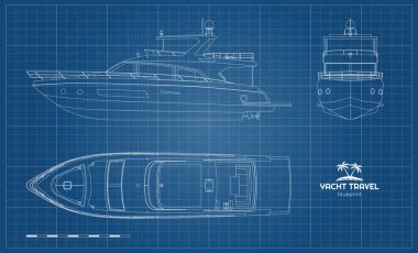 Ana hatlı yat çizimi. Özel geminin yan, ön ve üst görüntüsü. Modern tekne hatları çizimi. Motorlu tekne serisi sanatı. Kontrat belgesi. Vektör illüstrasyonu