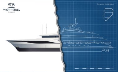Ana hatlı yat çizimi. Özel geminin yan görüntüsü. Lüks tekne 3D planlar. Motorlu tekne endüstriyel sanatı. Okyanus yelkeni. Vektör illüstrasyonu