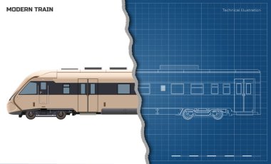Yolcu modern tren. 3D lokomotif modelinin yan görüntüsü. Demiryolu taşıma şeması. Kahverengi ekspres izole. Vektör illüstrasyonu