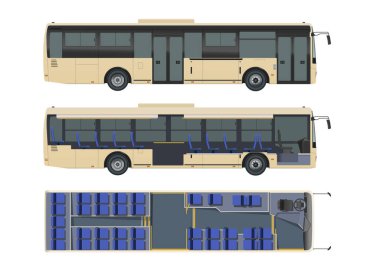 İzole otobüs çizimi. Gerçekçi yolcu taşımacılığı. Otobus koltuk haritası. Endüstriyel 3D şeması. Yandan ve üstten. Turist aracının içi. Vektör illüstrasyonu