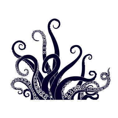 Dev ahtapot dokunaçlarının silueti. Kraken 'in izole edilmiş siyah çizimi. Efsanevi sualtı canavarı. Fantezi okyanus canavarı. Vektör illüstrasyonu