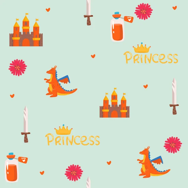 小公主无缝图案 亮粉色 奶油色 冠冕和小心脏的图解 公主童话城堡 — 图库矢量图片