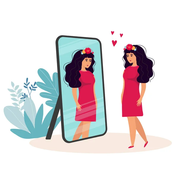 Mujer Pie Mirándose Espejo Ilustración Vector Estilo Plano — Vector de stock