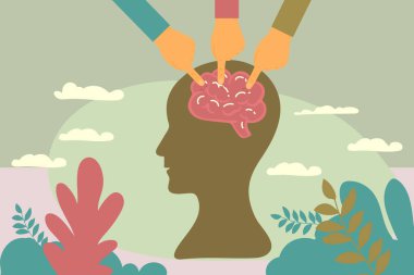 Beyni olan siluet kafa. Laboratuvar Bilimadamı Grup İnsan Beyin Psikolojisi Çalışması. Tıbbi Araştırma Mikroskobu. Kafa tomografisi. Teşhis Geliştirme Yarıküre. Düz Çizgi film Vektör İllüstrasyonu.