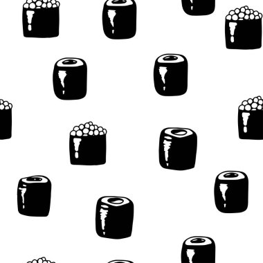 Sushi isolated icons in seamless pattern, vector illustration. Wrapping paper design for Japanese restaurant food delivery packages. Traditional Asian cuisine seafood dish, sushi and rolls menu cover
