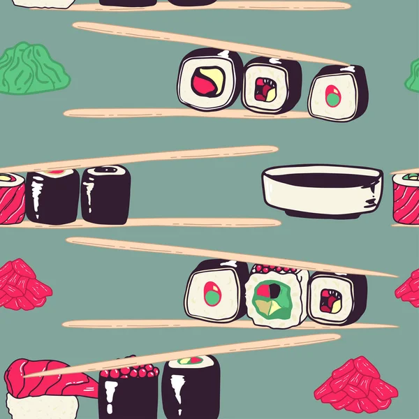 ベクトルシームレス寿司パターンシームレスなパターン ベクトルイラストの寿司絶縁アイコン 日本料理店配送パッケージの包装紙のデザイン — ストックベクタ