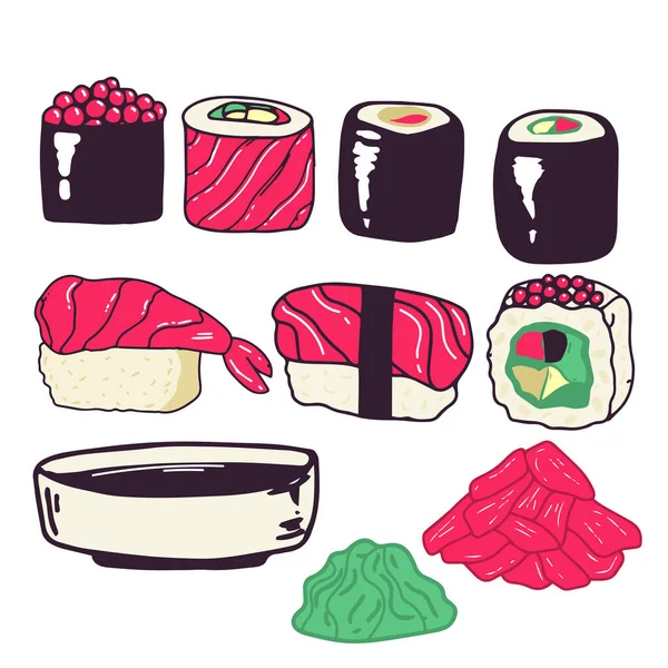 Sushi Blanco Aislado Blanco Dibujos Animados Vector Objeto Salsa Soja — Vector de stock