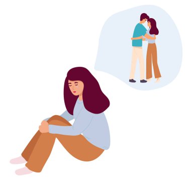 Kız ilişkilerini ve bir erkekle olan aşkını hatırlar. Aşka duyulan özlemi. Düz vektör çizimi. Sancak, web sitesi tasarımı veya iniş sayfası için ilişki ve sağlık konsepti,