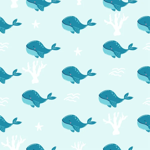 Blue Whale Coral Sea Cute Cartoon Background Seamless Pattern Design — Stock Vector