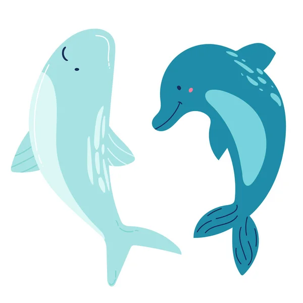 一组海洋哺乳动物蓝鲸 抹香鲸 独角鲸 卡通矢量图形 — 图库矢量图片