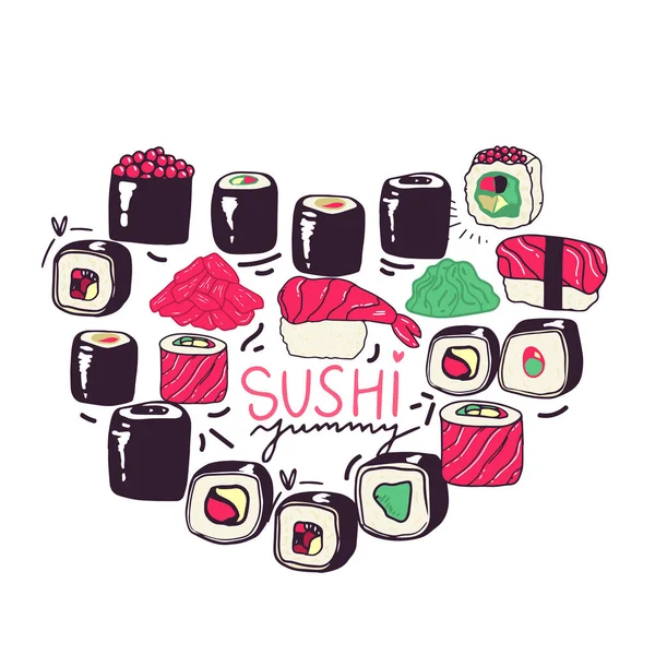 Sushi Satt Vitt Isolerad Vitt Hjärtform — Stock vektor