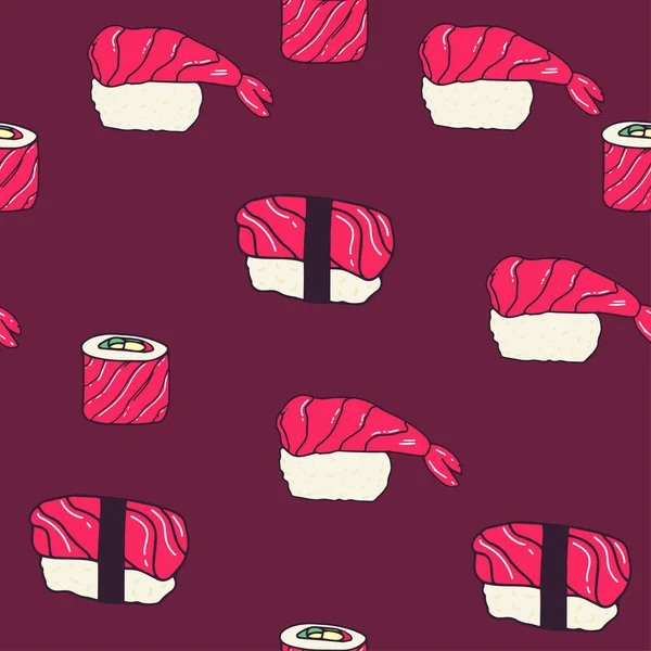 ベクトルシームレス寿司パターンシームレスなパターンで寿司 ベクトルイラスト 日本のレストラン食品配送パッケージの包装紙のデザイン 伝統的なアジア料理シーフード料理 ロールメニューカバー — ストックベクタ