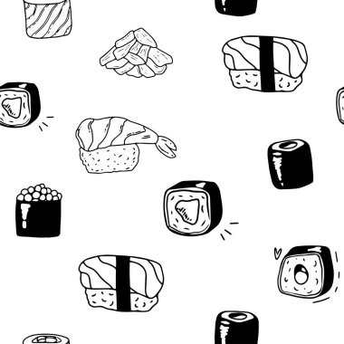 Sushi isolated icons in seamless pattern, vector illustration. Wrapping paper design for Japanese restaurant food delivery packages. Traditional Asian cuisine seafood dish, sushi and rolls menu cover