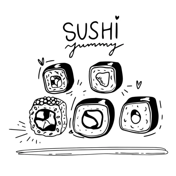 Sushi Auf Weiß Isoliert Auf Weiß Schwarz Weiß Doodle — Stockvektor