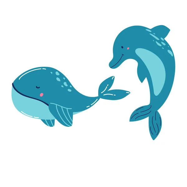 Набор Морских Млекопитающих Голубые Киты Акулы Кашалоты Дельфины Белуги Нарвы — стоковый вектор