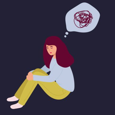 Morning migraine, chronic fatigue and nervous tension, stress or flu symptom, hard to wake up concept. Young woman with strong headache, tired and exhausted girl holding head. Simple flat vector,