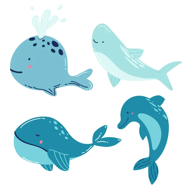 一组海洋哺乳动物蓝鲸 抹香鲸 独角鲸 卡通矢量图形 — 图库矢量图片